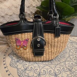 Coach Straw Soho Tote with Black Leather Trim and Pink Butterfly Accent